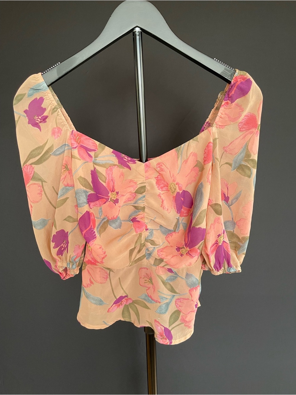 Lulus Floral Puff Sleeve Peplum Top Peach Pink XS
